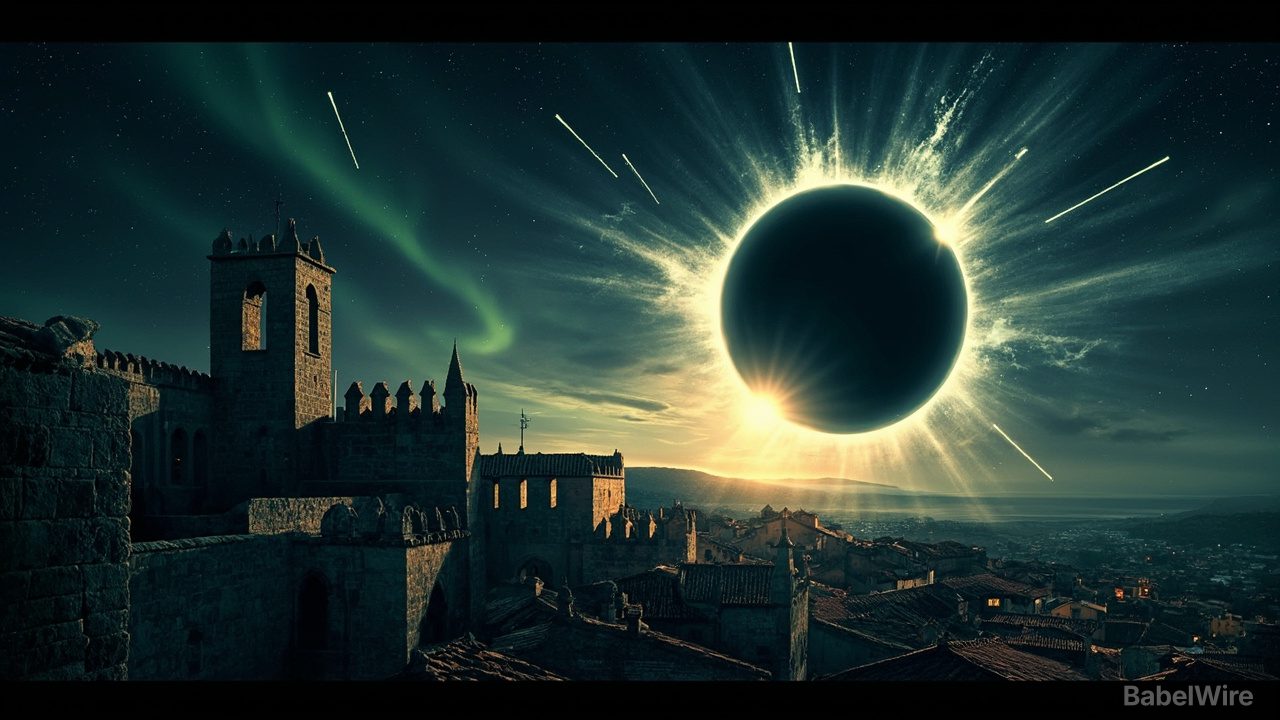 Tag der Sonnenfinsternis: Totale Sonnenfinsternis über Europa, während ein Sonnensturm auf die Erde trifft