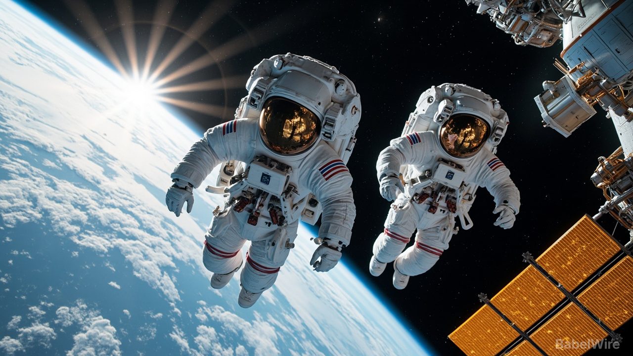 Astronauten Meir und Adenot treten für Spacewalk 99 aus der ISS aus, um Navigationsreflektor auszutauschen